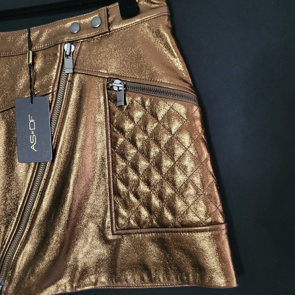AS by DF NWT Leather  Bronze Mini Skirt 15" Zip Closure W/2 Snaps Size Small - Picture 4 of 10